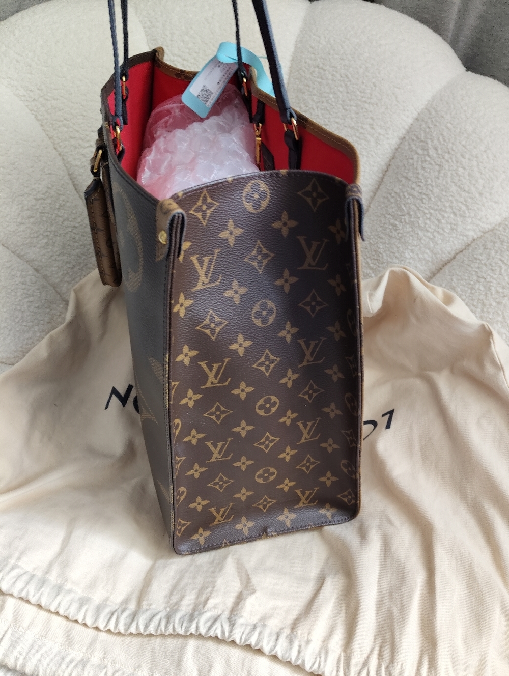 Louis Vuitton Monogram Canvas Tote with Red Interior and Black Straps - Picture 6 of 11